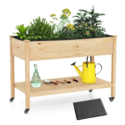 Costway 1/2 PCS Wooden Raised Garden Bed with Legs, Lockable Wheels, - Natural