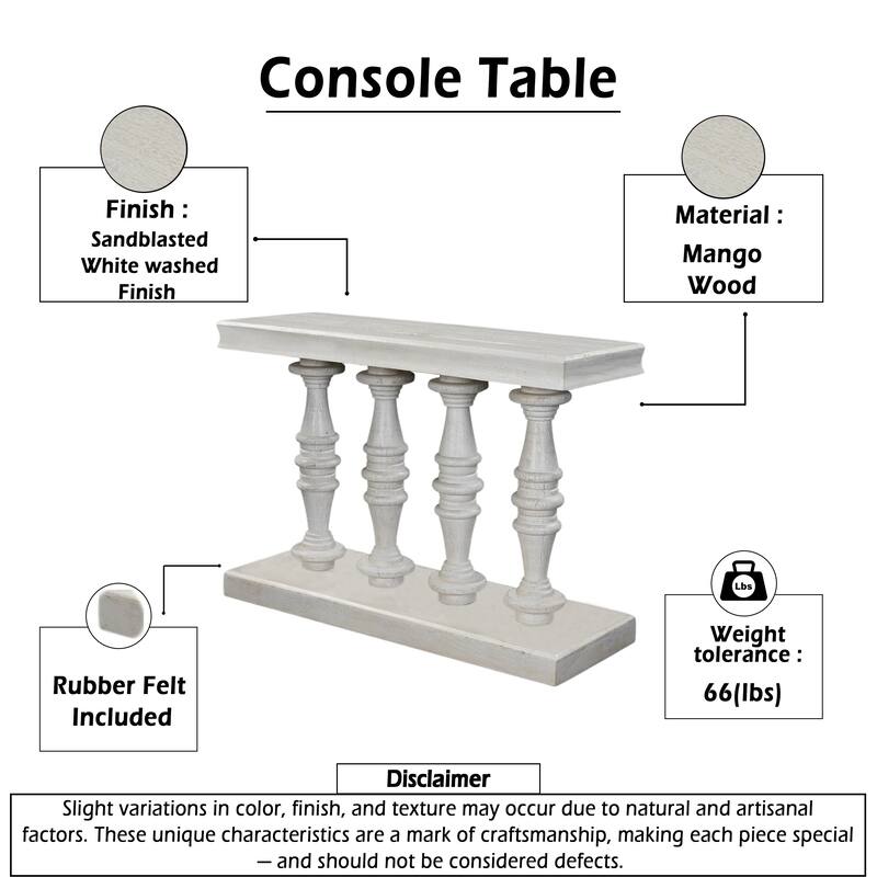 Console Table, 42-Inch Mango Wood Top, Shabby Chic Finish, Turned Pillar Legs