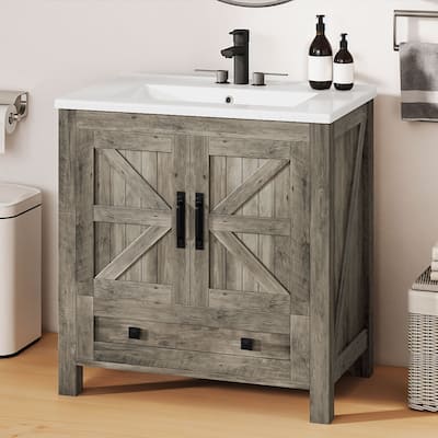 Moasis 30" Farmhouse Bathroom Vanity With Sink,Small Space Bathroom Storage Cabinet with Barn Doors