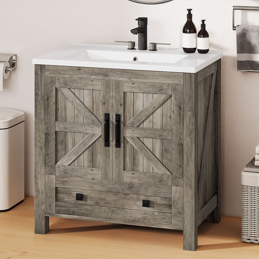 Moasis 30" Farmhouse Bathroom Vanity With Sink,Small Space Bathroom Storage Cabinet with Barn Doors
