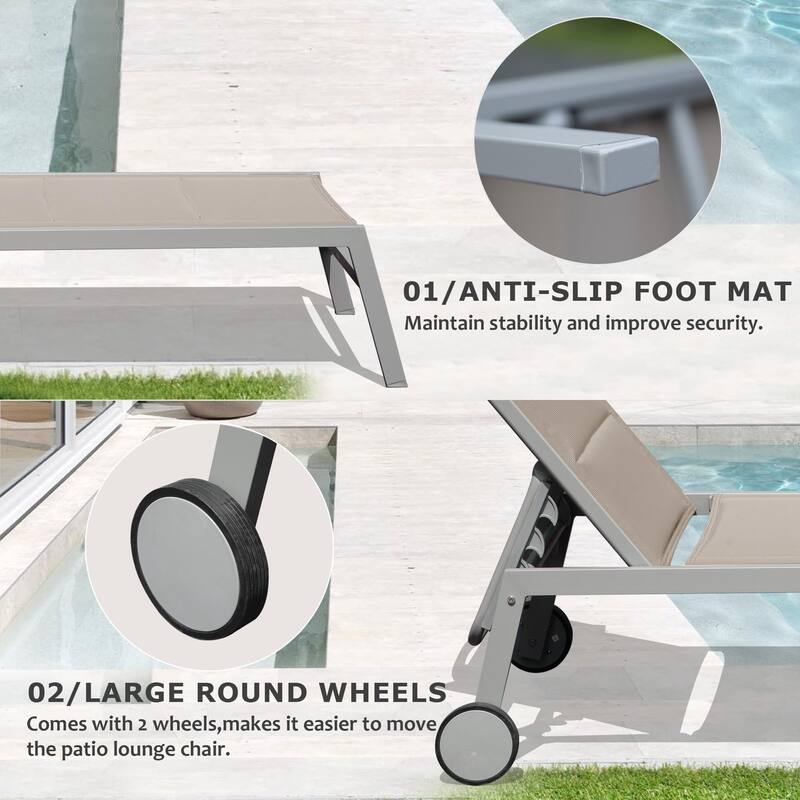 Outdoor Aluminum Patio Chaise Lounge Set of 3 with Side Table and Wheels, Padded Adjustable Recliner for Poolside, Beach