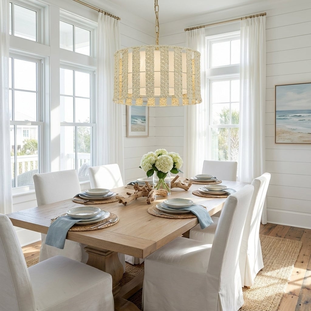 Roka 3-Light White Woven Drum Pendant Light with Linen Shade - 18" Wide