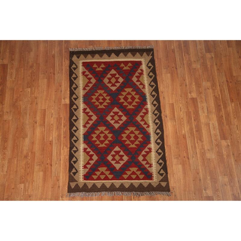 Reversible Kilim Area Rug Hand-woven Multi-Color Wool Foyer Carpet - 3'0" x 5'2"
