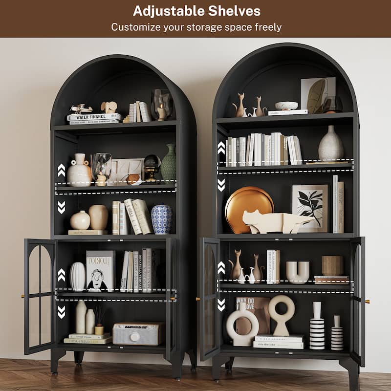 73.6-Inch Arched Metal Storage Display Cabinet with Adjustable Shelves