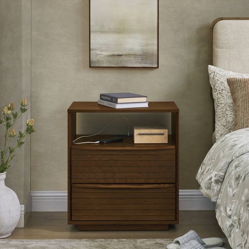 Nightstand with Charging Station and 2 Solid Wood Drawers
