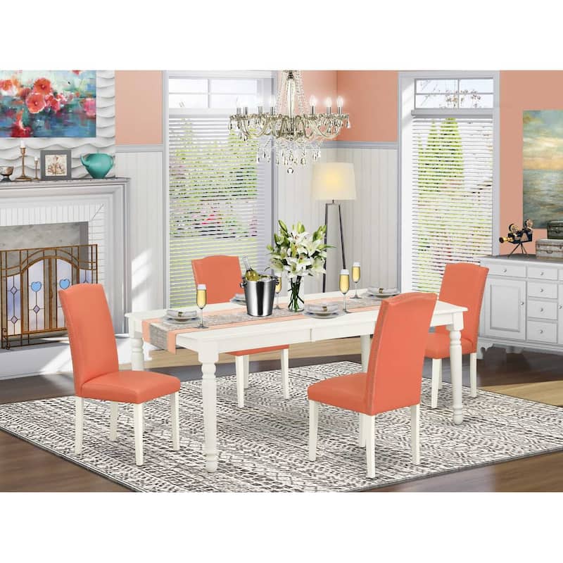 Rectangular Dining Set - 5pc Table & 4 Chairs - Pink Flamingo Linen White Legs - 60x78" Table with Leaf