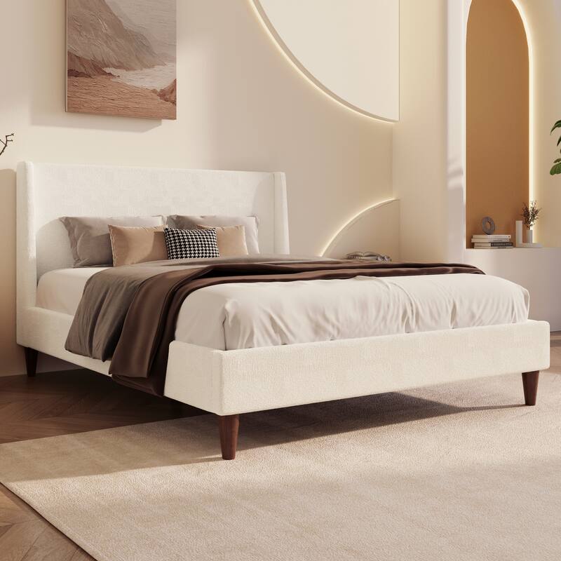 Velvet Upholstered Wingback Bed Frame with Headboard and Walnut Wooden Legs, No Box Spring Needed Low Profile Platform Bed - Ivory - King