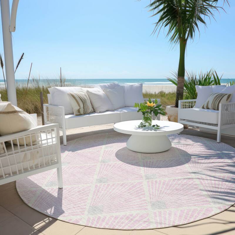 Machine Washable Indoor/ Outdoor Chantille Modern Shells Rug - Pink - 8' x 8'