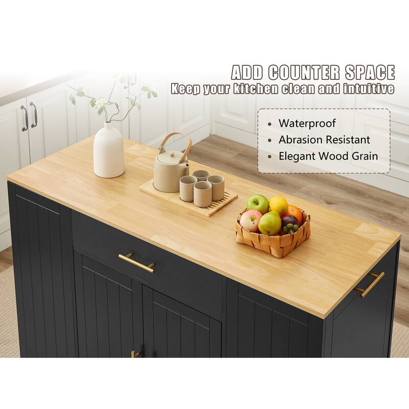 Multi-Functional Kitchen Island with Tilt-Out Trash Compartment and Adjustable Shelves - 53.2"W x 20.9"D x 38"H