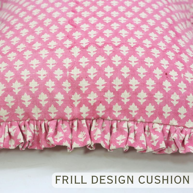 Fabdivine Handmade Block Print Floral Frill Both Side Soft Boho Pure Linen Pillow Cover