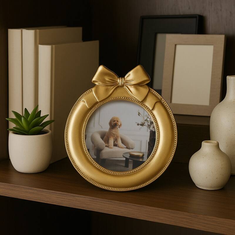 Gold 4x4 in. Polyresin Glam Round Photo Frame with Bow