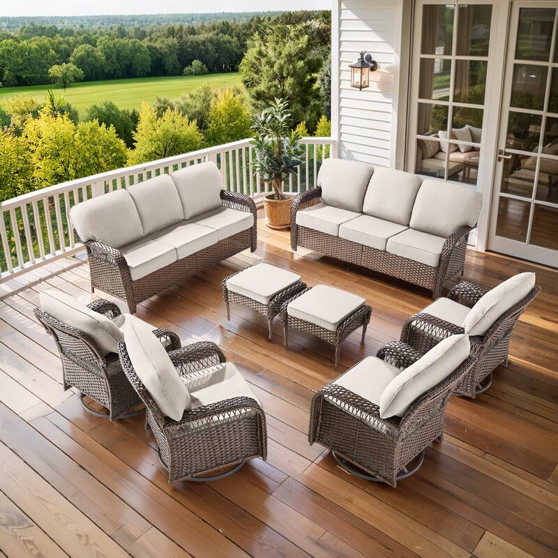 Pocassy Patio Outdoor Sofa Ottoman with Swivel Chair Table Funiture Set. - Brown Wicker Beige Cushion - 8-Piece Sofa Swivel Chair with Ottoman