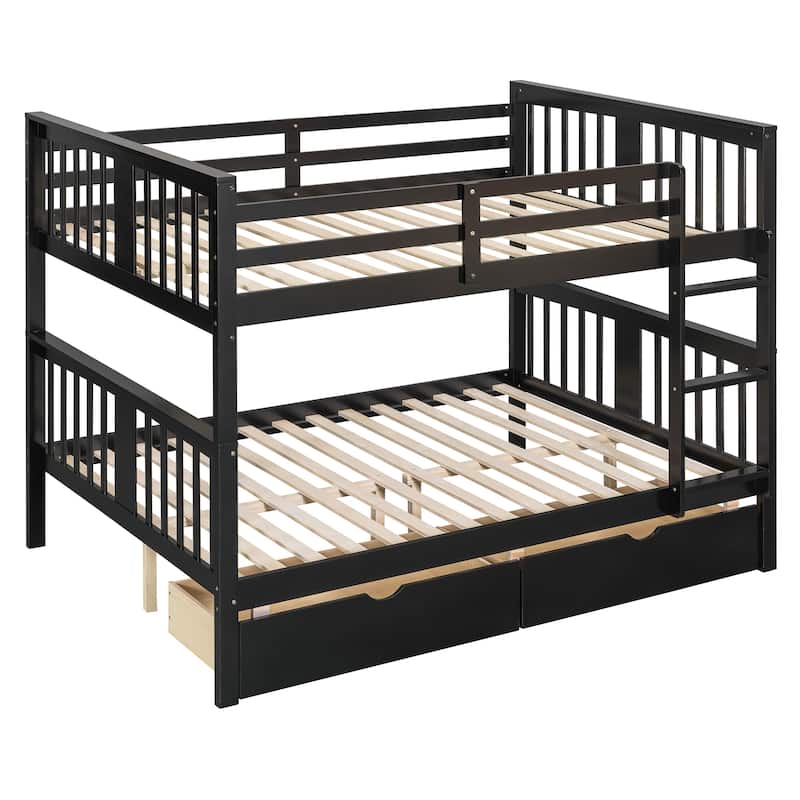 Full Over Full Bunk Bed with Drawers and Ladder, Space-Saving Bedroom Furniture in Espresso