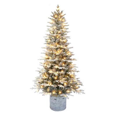 Puleo International 6 ft Pre-lit Potted Flocked Arctic Fir Artificial Christmas Tree