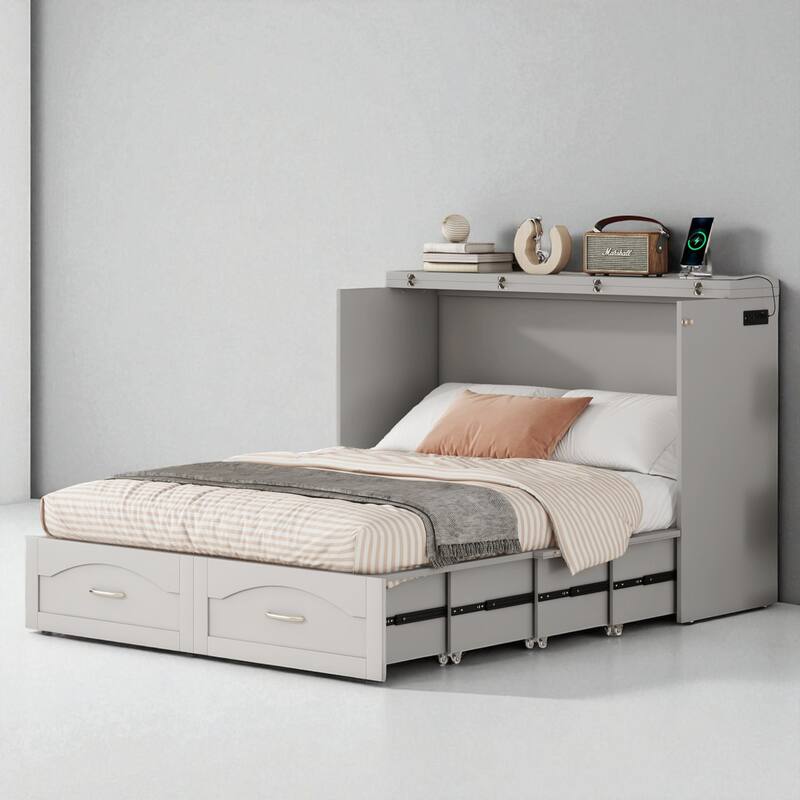 Full/Queen Size Murphy Wall Bed with USB Ports, Power Outlets, Drawers, Pulley System and Foldable Cabinet Design