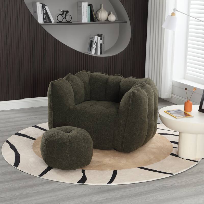 Extra-Large Chenille Bean Bag Chair with Footstool, Comfy Bean Bag Sofa for Adults, High Resilient Foam Square Lazy Sofa