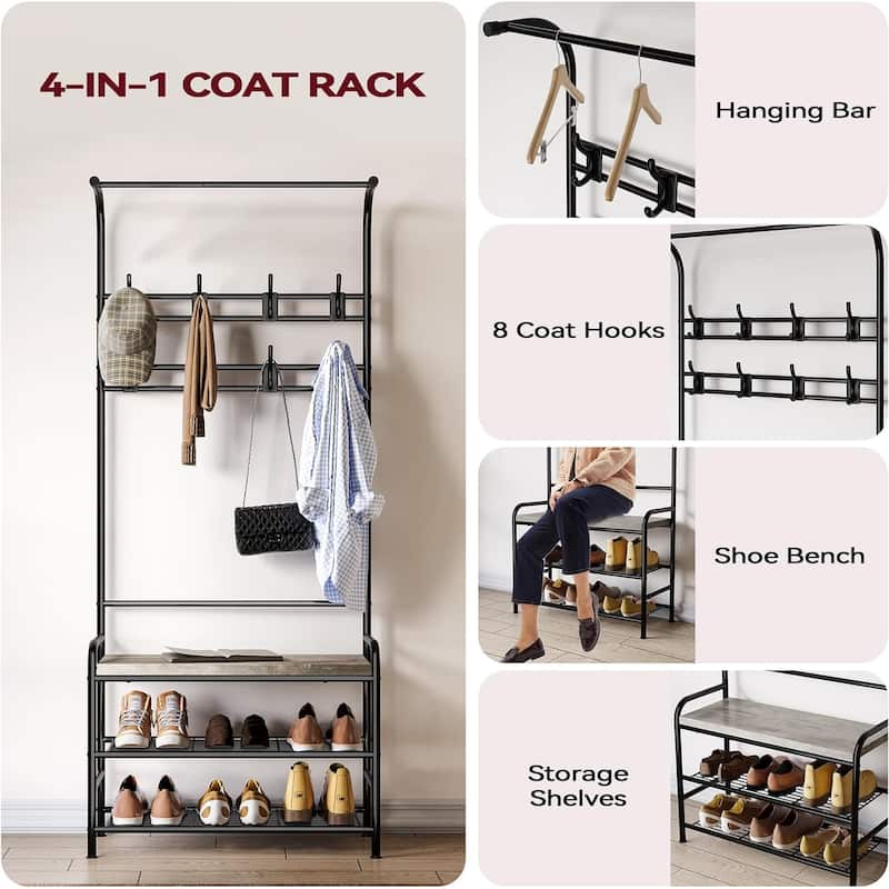 Narrow Hall Tree Storage Bench for Entryway, Coat Rack Shoe Bench