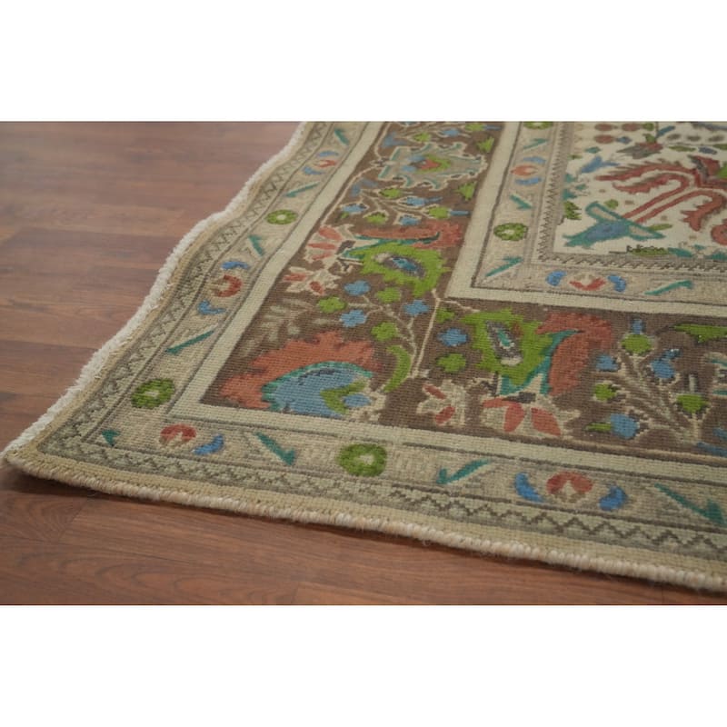 Hand Knotted Oriental 100% Wool Carpet Traditional Floral Beige & Ivories Tabriz Area Rug - 11' 0'' X 7' 10''