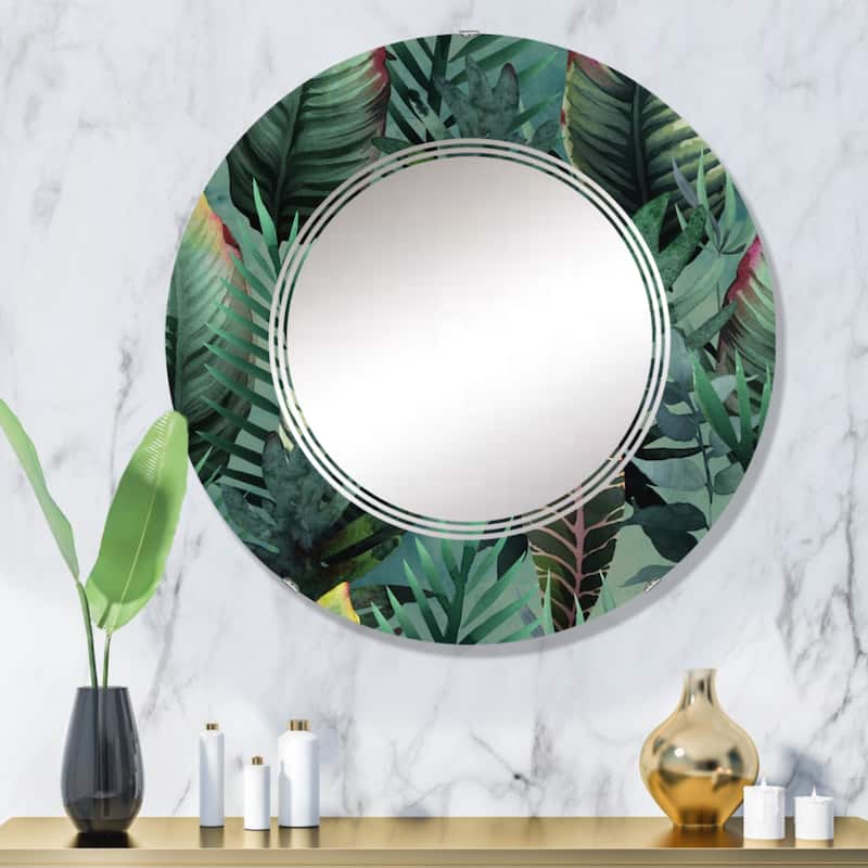 Designart 'Tropical Palm Leaves In Jungle' Printed Traditional Wall Mirror - 32in.x32in.