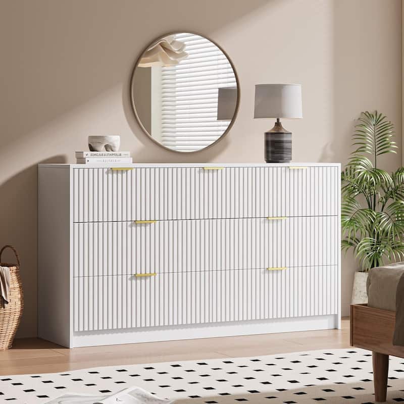 7 Drawer Dresser Fluted Wood Clothes Storage Cabinet, Modern Wide Dresser for Bedroom