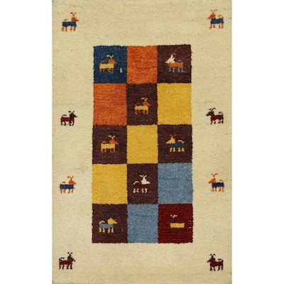 Hand Knotted Oriental 100% Wool Carpet Tribal Animal Pictorial Beige & Ivories Gabbeh Area Rug - 3' 1'' X 2' 0''