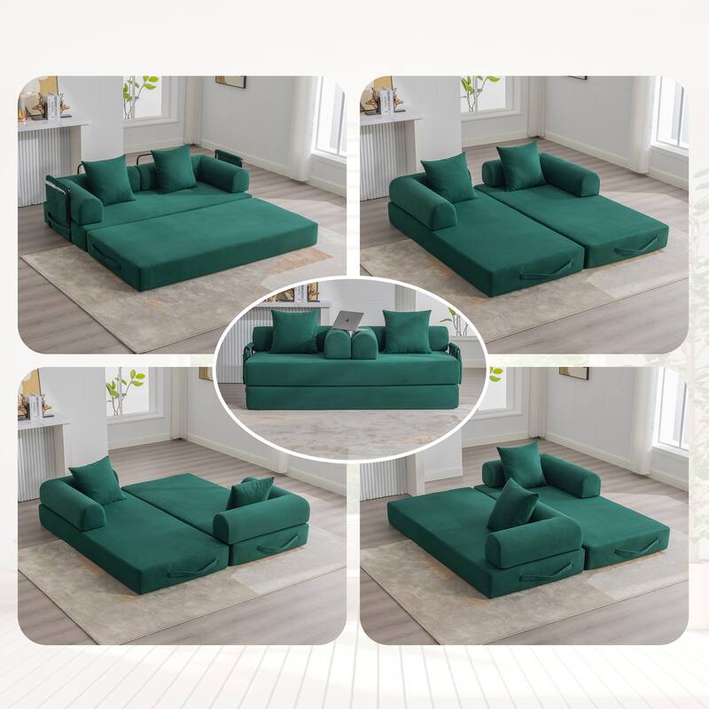 Foldable Modular Couch Sleeper Loveseat Sofa Bed with Storage Side Pocket, Detachable Metal Frame and Corduroy Fabric Cover - Emerald