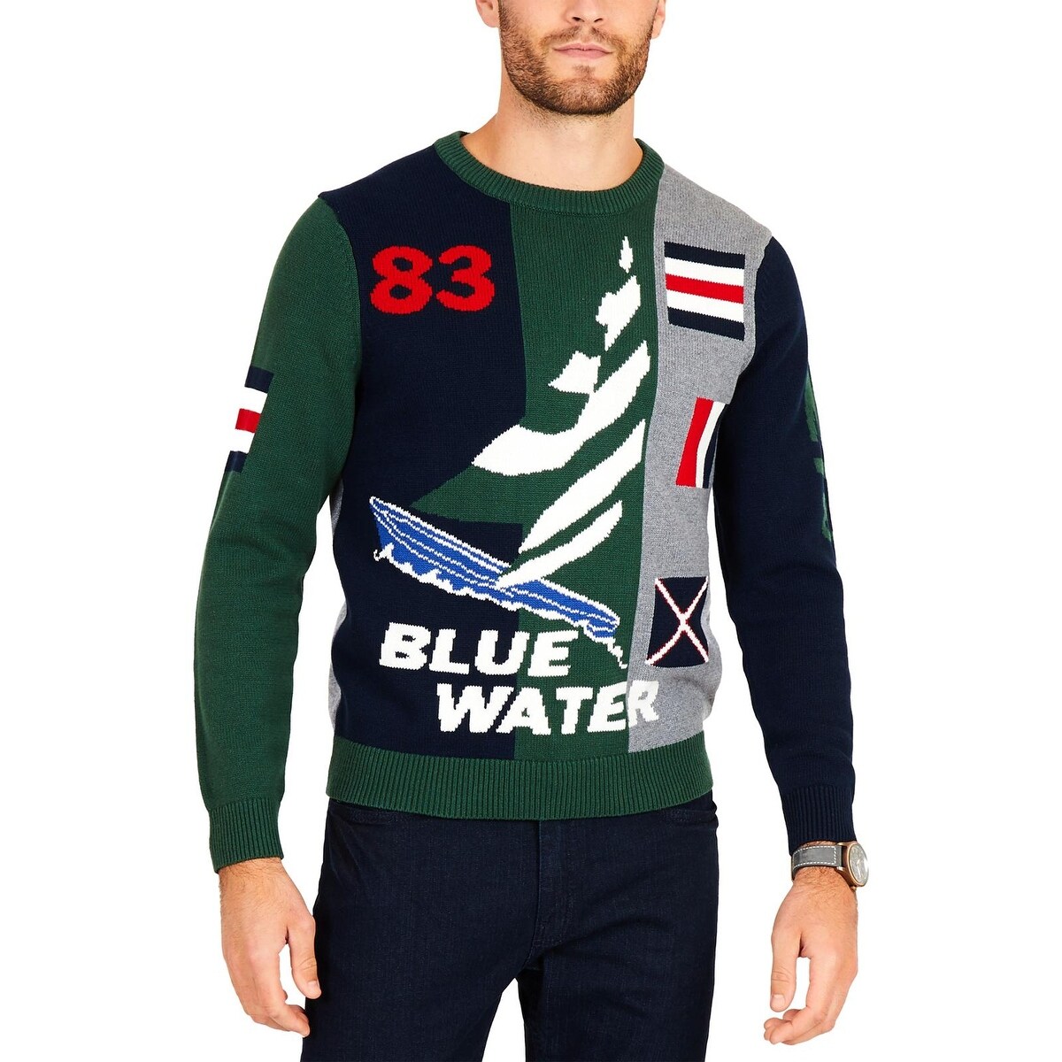 Shop Nautica Mens Intarsia 83 Sweater Ribbed Knit Graphic