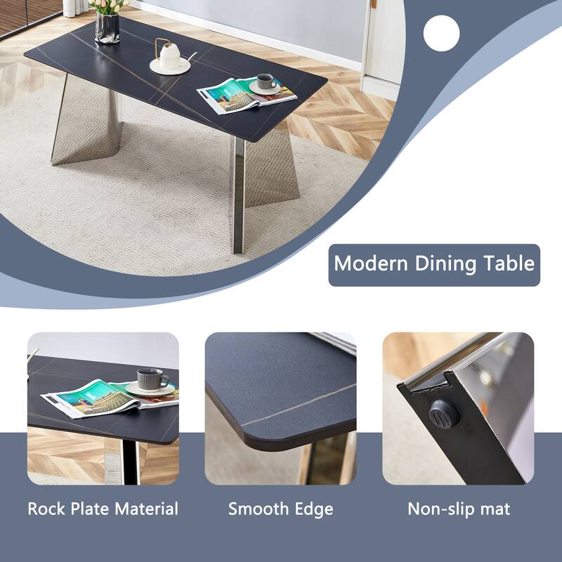 Roomfitters 5pcs Marble Pattern Dining Table Set with Stainless Butterfly Legs and PU Chairs with Stripe Backrest, Black