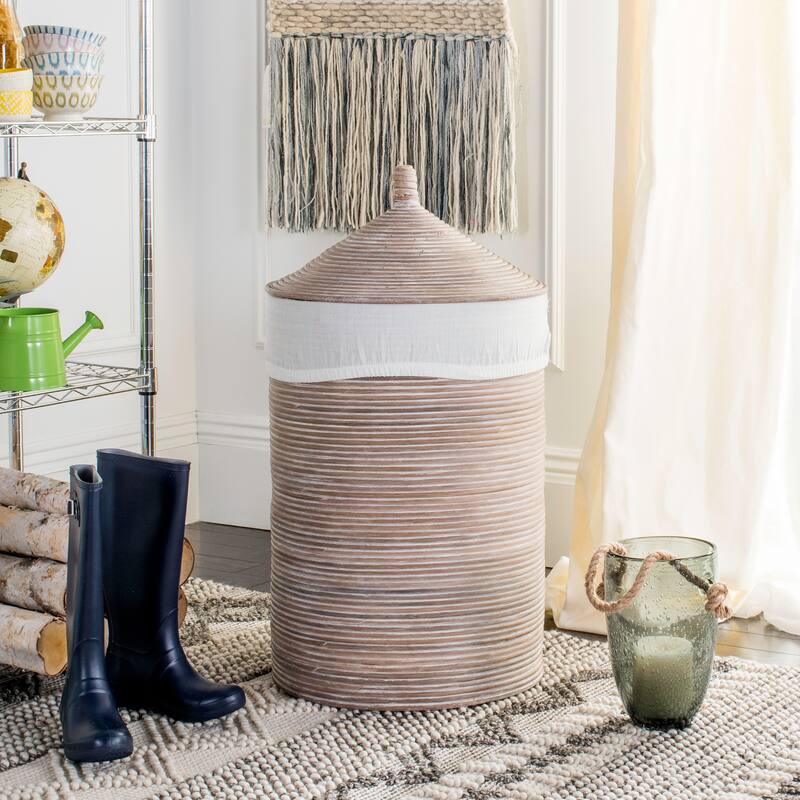 SAFAVIEH Hrissonka Rattan White Wash Storage Hamper with Liner - 19.5" x 19.5" x 33.1" - 20Wx20Dx33H