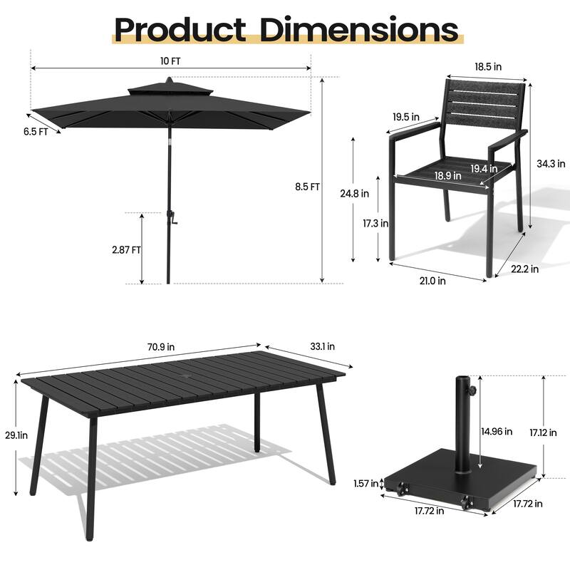 9PC Outdoor Patio Dining Set Aluminum Table with Stackable Armchairs w/ Premium Market Umbrella Sets