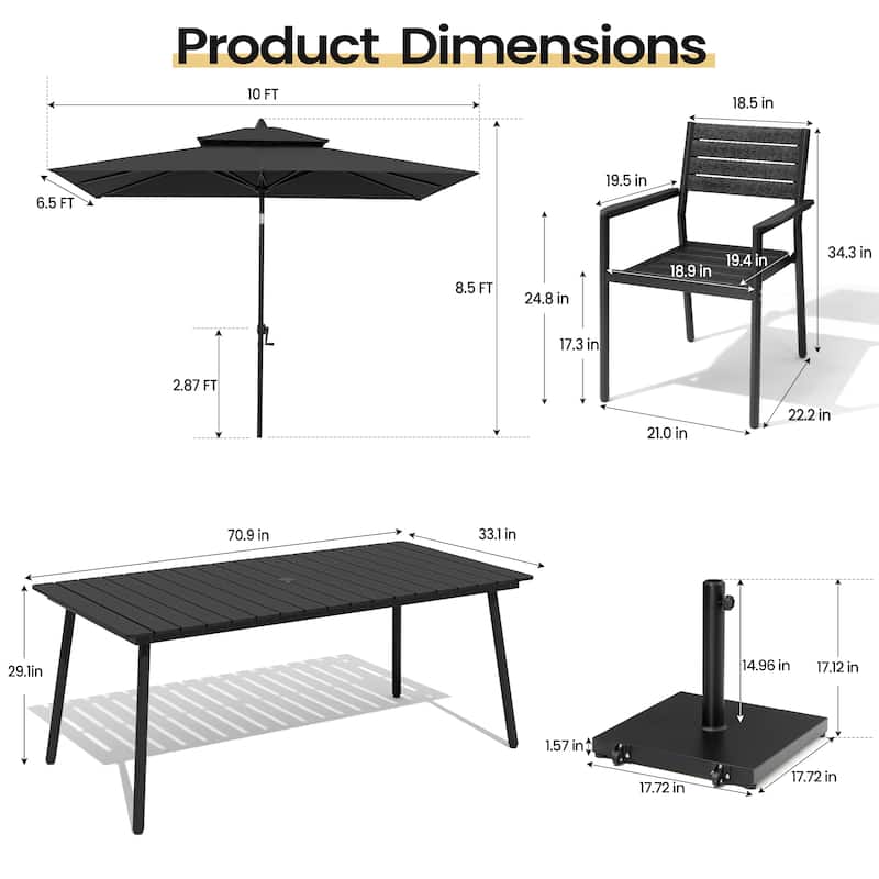 9PC Outdoor Patio Dining Set Wood-Like Aluminum Table with Stackable Armchairs,Double Top Market Umbrella and Wheel Base