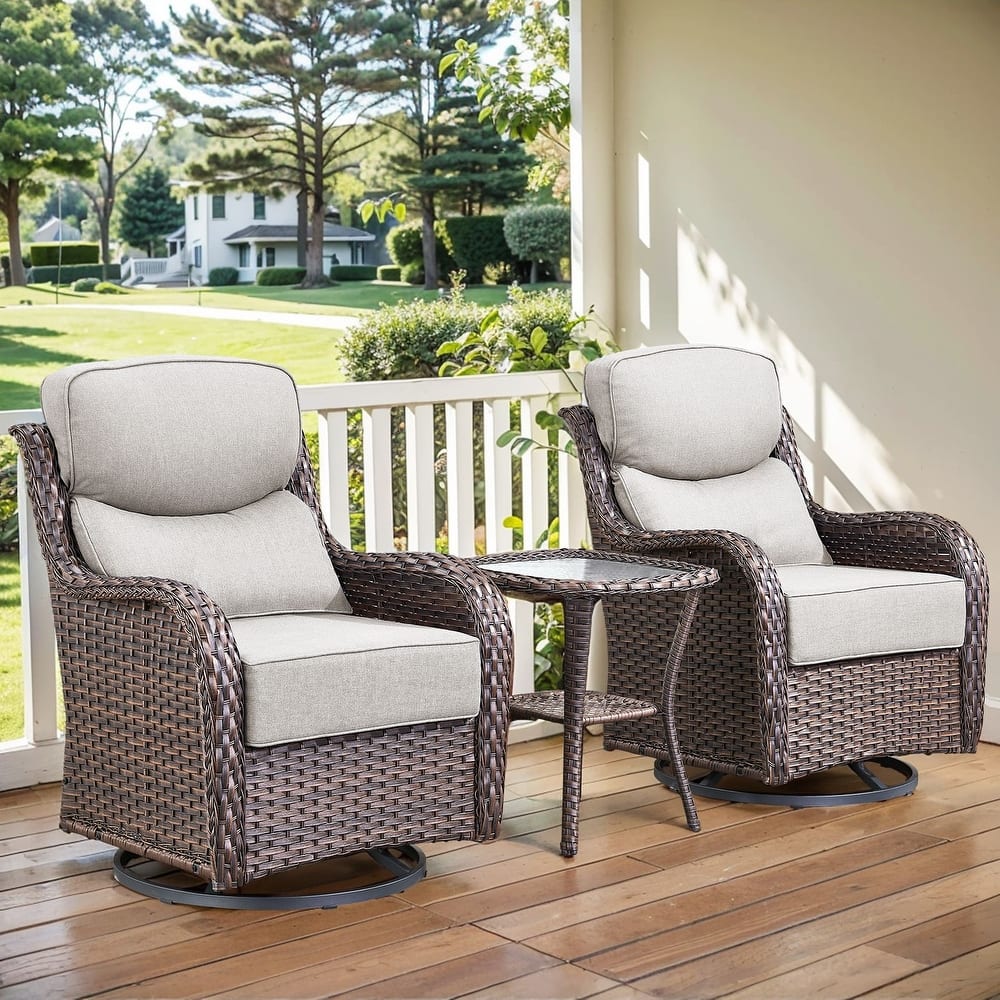Arcadia 3-Piece Wicker Patio Swivel Glider Chairs with 6-Inch Thick Cushions and Side Table