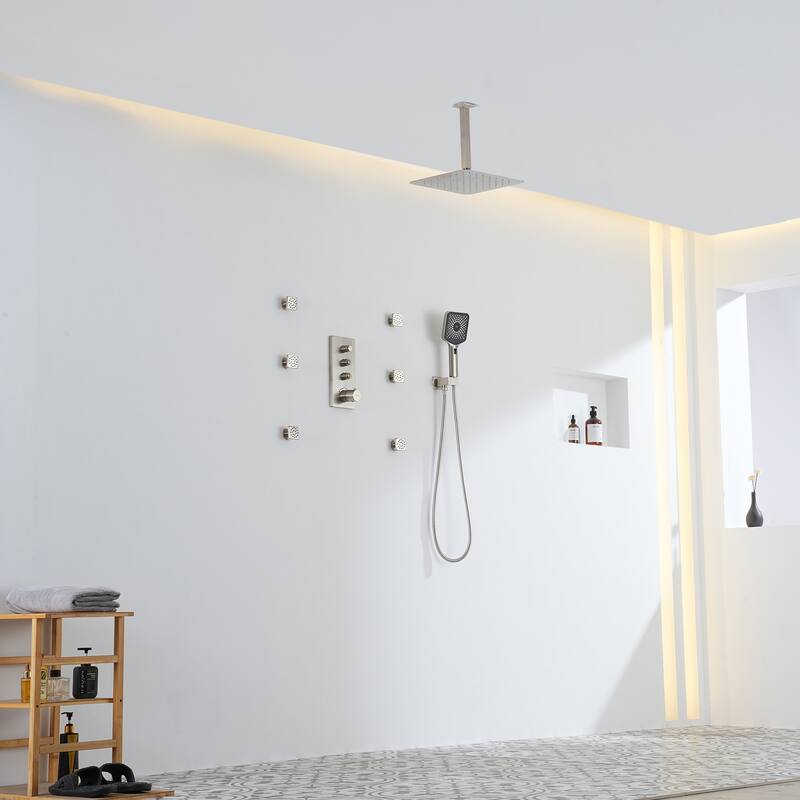 3-Function 12-Inch Ceiling-Mounted Thermostatic Shower System in Brushed Nickel with Square Shower Head