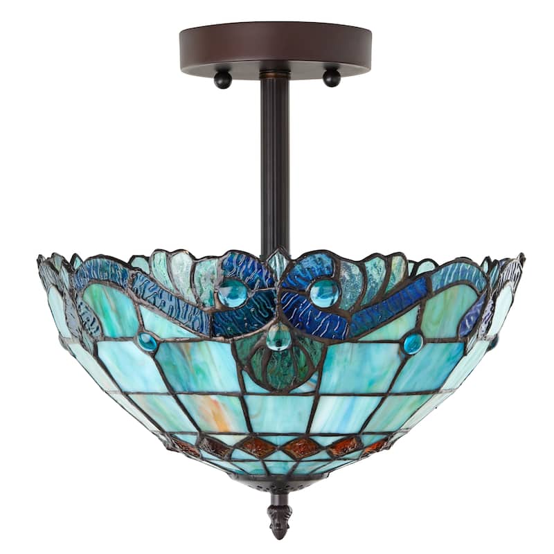 Anna River of Goods Metal and Blue Stained Glass Bowl Shade 13-Inch Semi-Flushmount Ceiling Light - 12.5" x 12.5" x 13"