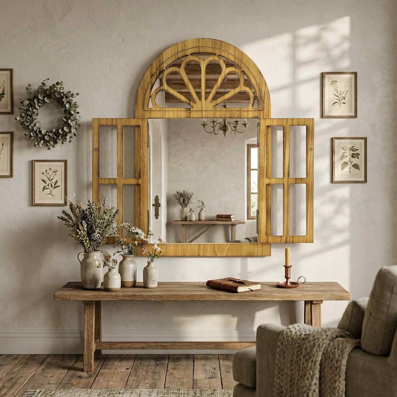 Solid Wood Arched Framed Windowpane Accent Mirror Wall Mirror