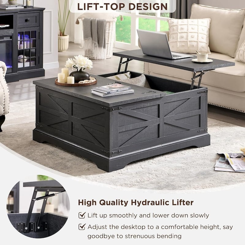 Farmhouse Lift Top Coffee Table with Storage, Wood Square Center Table