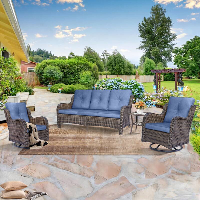Wicker Patio Furniture Set-Patio Conversation Sets with Swivel Chairs - 4 Piece - Blue/Brown Wicker