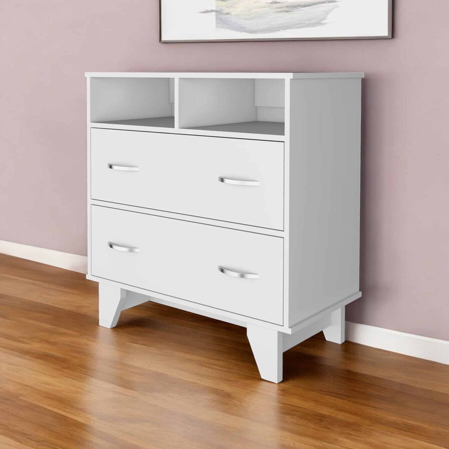 HomeRoots 32" White Two Drawer Dresser With Open Shelving