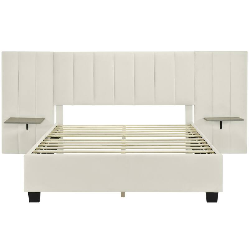 Queen Size Upholstered Platform Bed with Big Headboard, Velvet - Beige