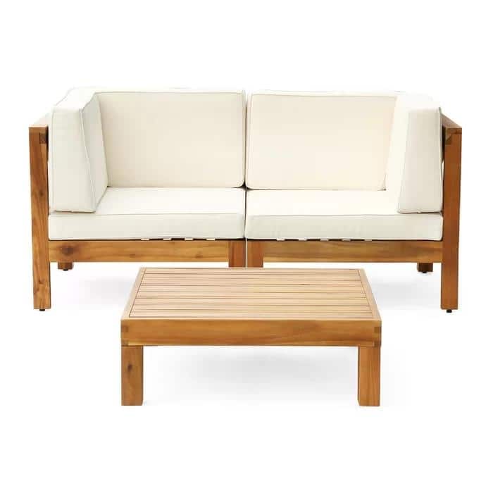 Roomfitters Outdoor 2-Seater Sectional Loveseat with Coffee Table, Wooden Patio Sofa Set with Cushions