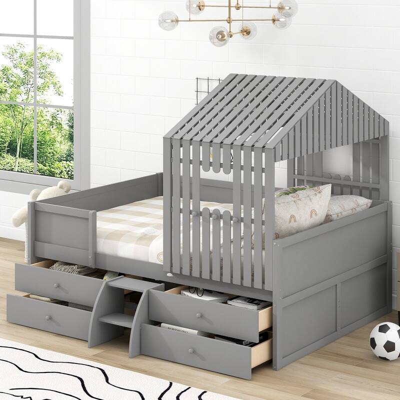 Full Size House Shape Storage Low Loft Bed with Four Drawers