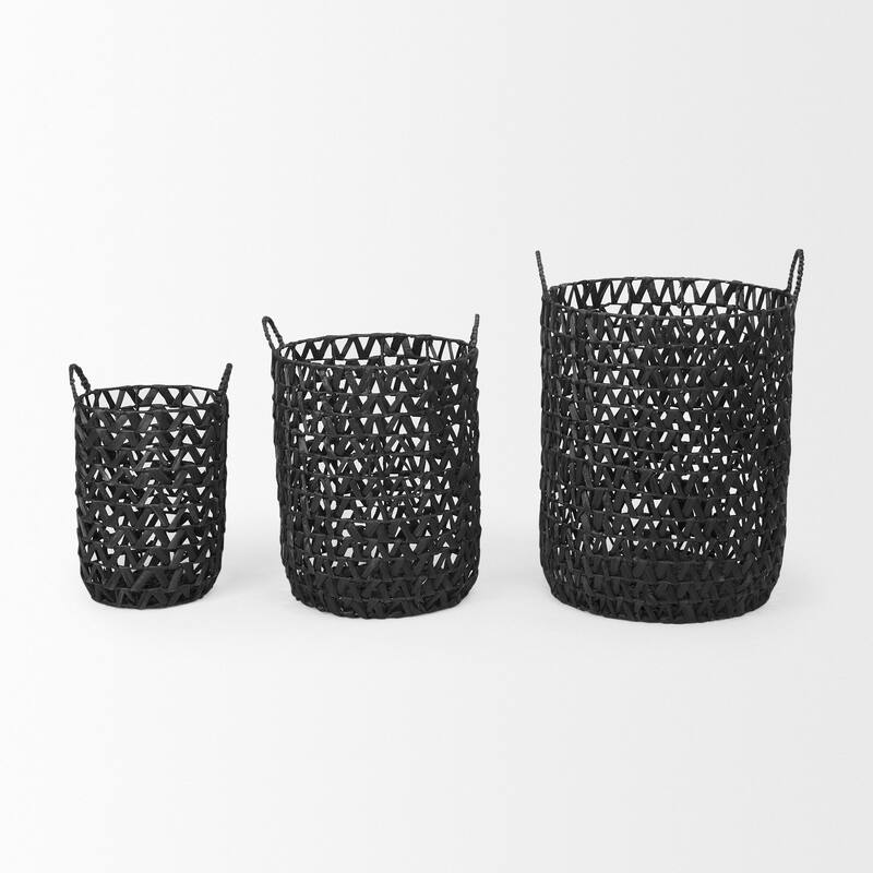 Lola Black Hyacinth Zig Zag Weave Round Baskets (Set of 3) - 19.7L x 19.7W x 23.6H