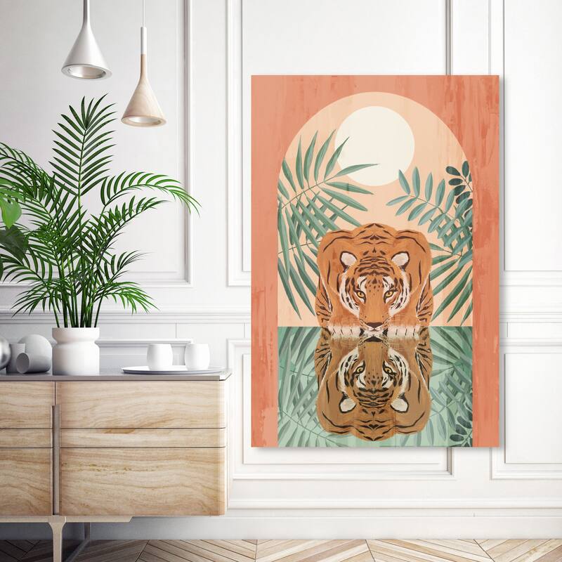 Wynwood Studio Canvas Animals Tigress Reflection Orange and Light Orange Bohemian & Eclectic Wall Art Canvas Print - 54 x 36