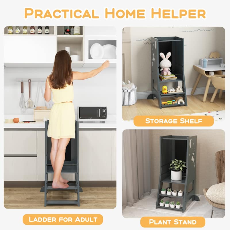 Toddler Kitchen Stool Baby Standing Tower with Chalkboard and Whiteboard - 19.5" x 14.5" x 34.5"