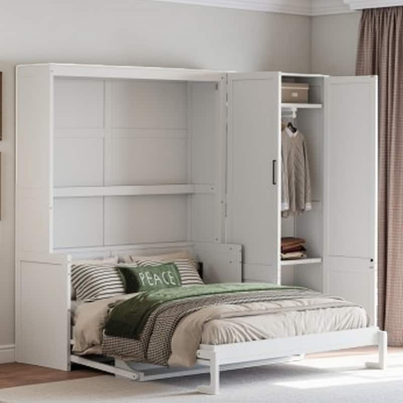 Queen Space-Saving Wall-Mounted Murphy Bed with Built-In Wardrobe and Hydraulic Lift, Side-Folding Design in Modern - White