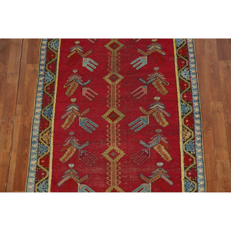 Hand Knotted Oriental 100% Wool Carpet Traditional Geometric Red Karabagh Runner Rug - 12' 0'' X 3' 7''