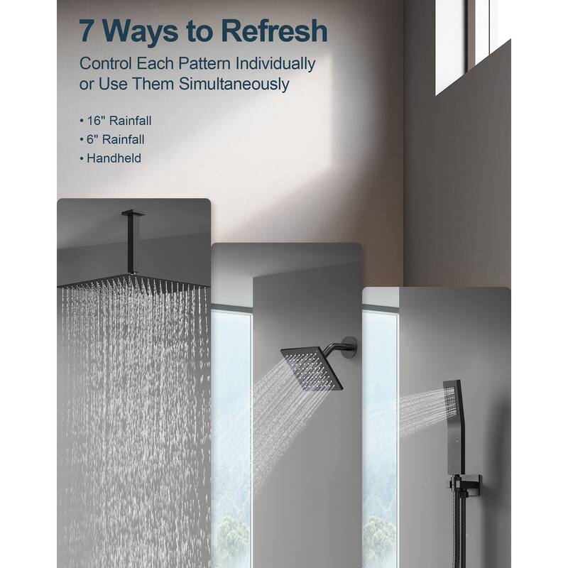 Dual Heads 16" Rainfall & High Pressure 6" Shower System w/ 3 Way Thermostatic Faucet 