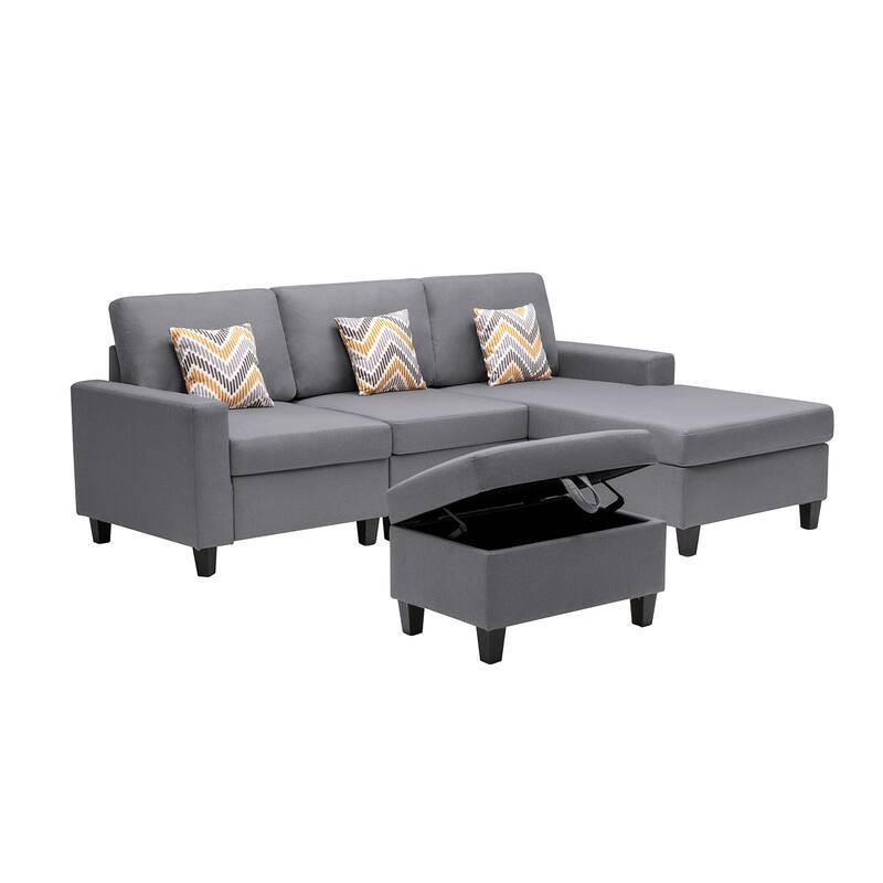 Linen Fabric 4 Piece Reversible Sofa Chaise with Interchangeable Legs and Storage Ottoman in Grey