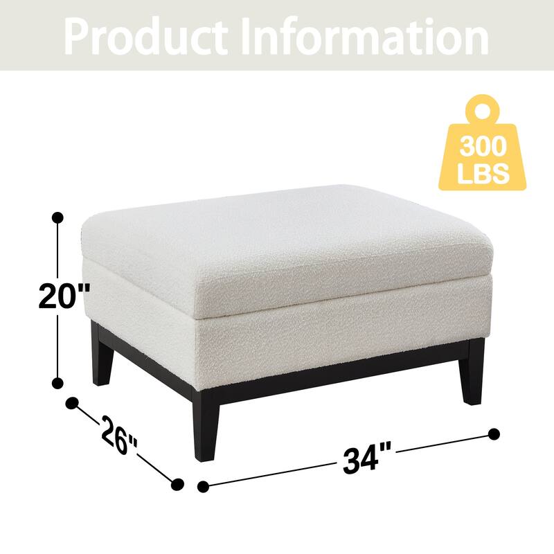 35" Farmhouse Style Boucle Single Sofa Accent Chair with Storage Footstool, Natural Wood Legs for Living Room, Office
