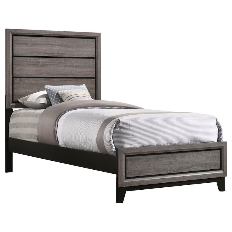 Modern Grey Oak Twin Panel Bed with Plank Headboard - Transitional Style